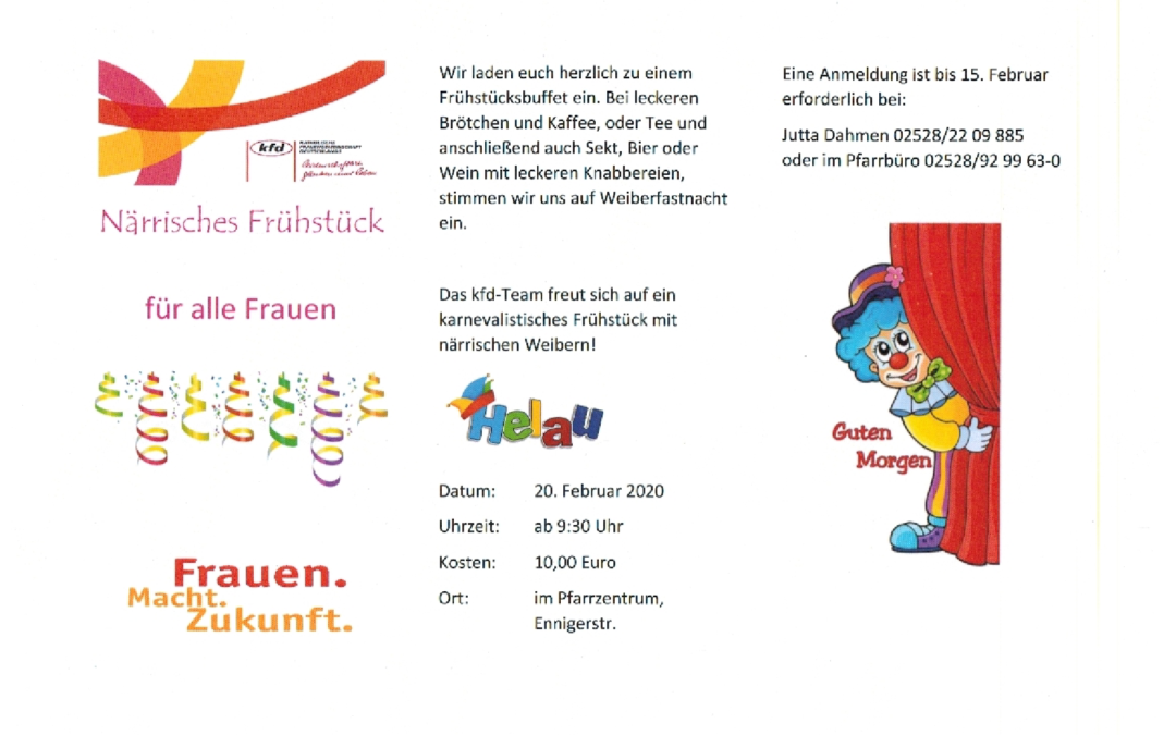 karnevalistisches Frühstück mit närrischen Weibern / 20.02.2020 um 9:30 Uhr im Pfarrheim Vorhelm