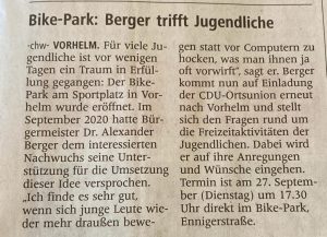 Bike-Park Vorhelm: Bürgermeister Dr. Alexander Berger trifft Jugendliche